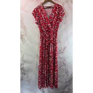 Kate & Pippa Dress Womens XL Red Floral Midi Maxi Long V Neck Cherry Blossoms